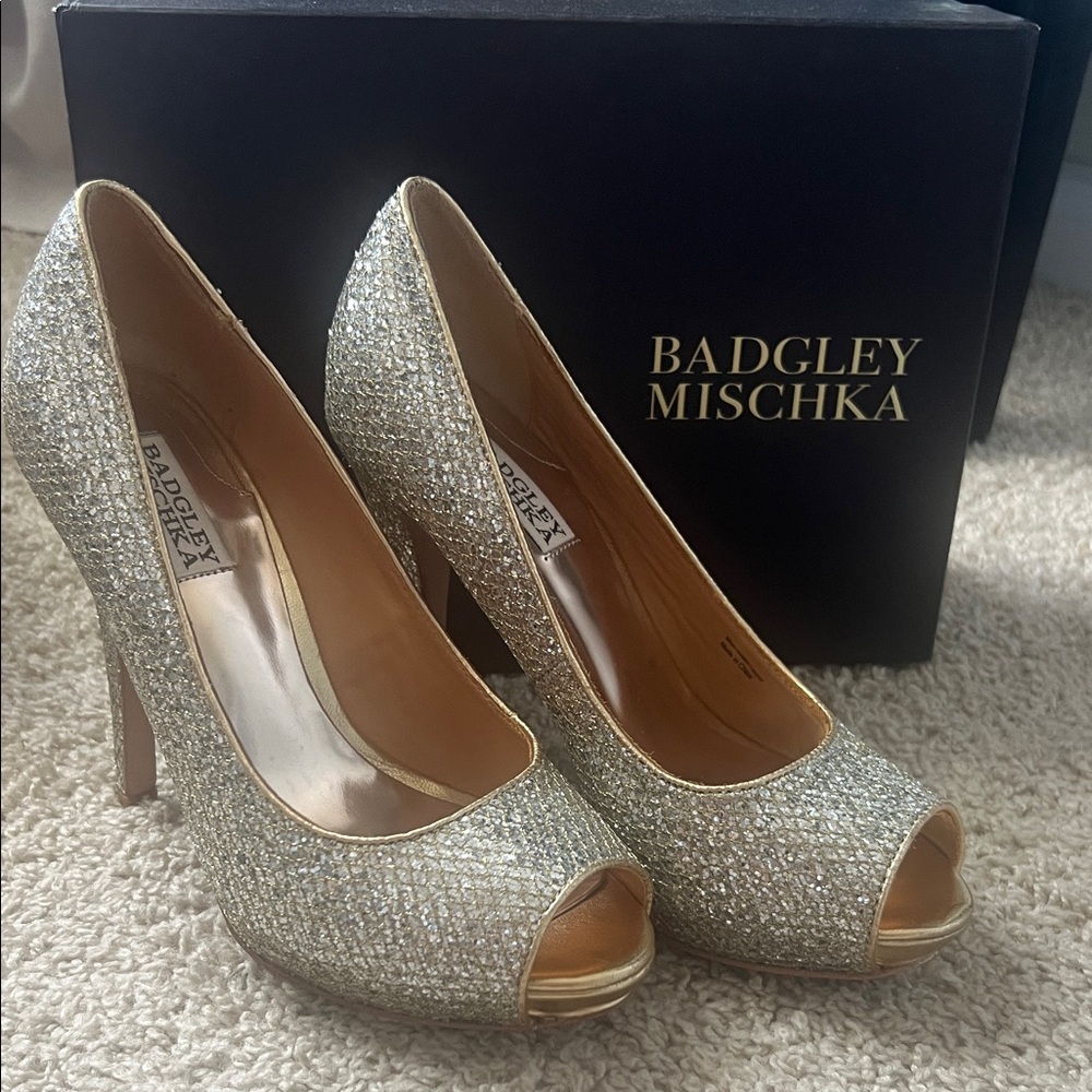 Badgley Mischka Glittering Silver Peep-Toe Heels